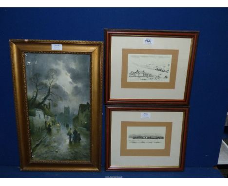 A framed print on board 'Village by Moonlight' by J.W. Gozzard, a/f and two framed and mounted R. Wakefield prints 'The Paris