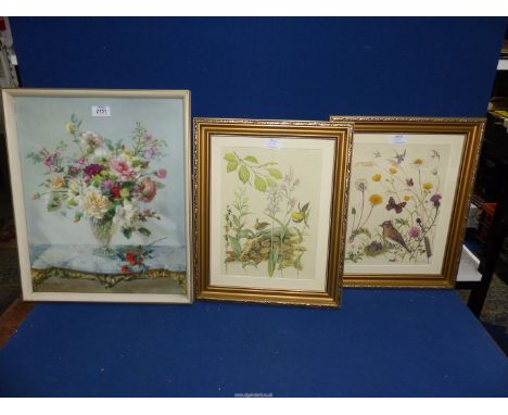 A framed Vernon Ward print of a still life of flower and two Marjorie Blamey prints of birds and insects.