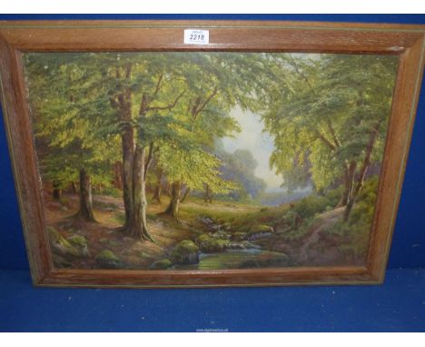 A wooden framed Print depicting Wooded landscape with deer and stream.