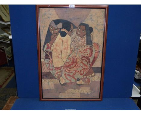 A framed Print on fabric of three Asian women and birds, 20 3/4'' x 30 1/2''.