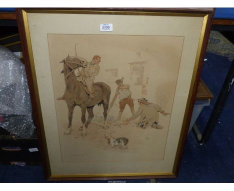 A large framed and mounted print 'Bad Starter': Farm Hands setting straw alight with the Master on his horse, initialled lowe