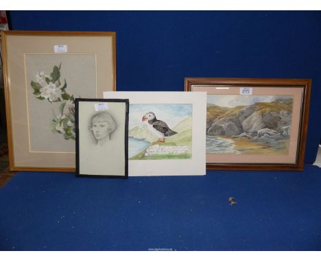 A quantity of pictures to include an unsigned Coastal watercolour, Puffin on a cliff, unsigned sketch of a Young woman and a 