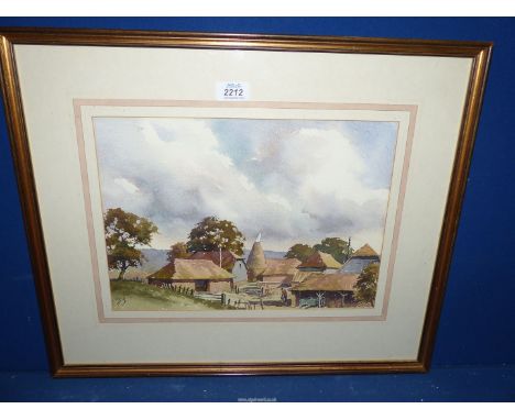 A framed and mounted Watercolour of a Farmstead with a figure carrying a bucket, label verso 'Moorden Farm, Penshurst', initi