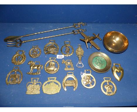A small quantity of brass to include; Aeroplane, heavy bowl, toasting fork, shoe horn and 14 horse brasses.