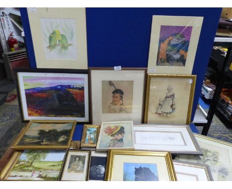 A quantity of pictures and prints including print of a Black horse by S. Openshaw, charcoal drawing by E. Durant of Kitten, p