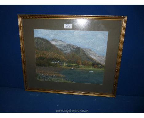 A Print of mountains and a lake, initialed A.R. lower right, 21'' x 17'' high.