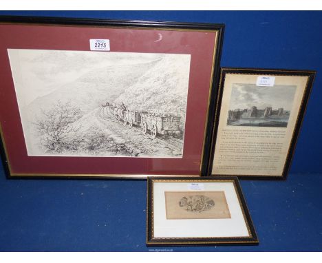 Three framed engravings including 'Feeding Poultry' , taken from a snuff box designed and engraved by W. Hogarth 'Newport Cas