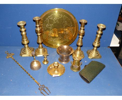 A brass tray, two pairs of candlesticks, toasting fork, etc.