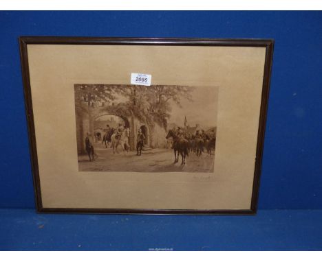 A framed Sam Garrett Print depicting King Charles and entourage leaving castle gates, signed lower right in pencil, dated 191