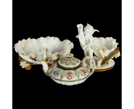 A Victorian Moore's porcelain table bowl, on gilded branch legs, H9cm, a Victorian Moore's table centre, depicting a cherub s