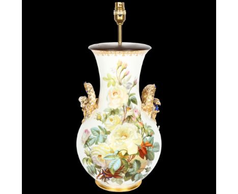 A Vintage Continental 2-handled porcelain vase converted to a lamp, height overall 46cm 