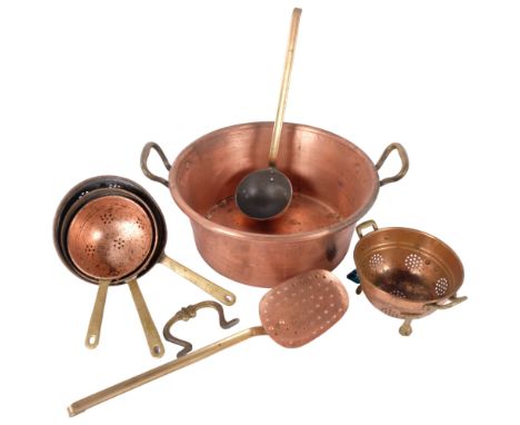 A French copper 2-handled pan, a skillet, a long-handled ladle, a graduated set of sieves etc 