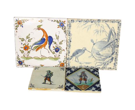 Antique Royal Tichelaar Makkum Dutch Delft tile, and another Delft tile, both with figural decoration, a 19th century Gien ti