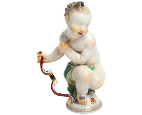 A Meissen porcelain figurine, male form holding an archer's bow, stamped to the underside with blue crossed swords, H14cmPart