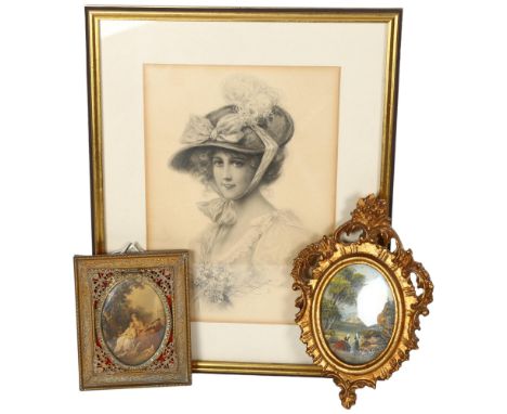 Italian miniature oval painting, in Florentine style giltwood frame, 17cm, a romantic study in pierced gilt-metal frame, and 
