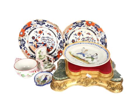 A quantity of Delft and ironstone ceramic ware, including a miniature Delft sudan chair, H14.5cm, a Delft plate decorated wit