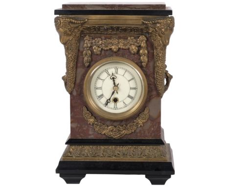 A reproduction French style marble and slate mantel clock, H28cmNo key 