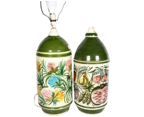 A pair of Vintage ceramic lamps with painted floral and fruit decoration, H50cm 