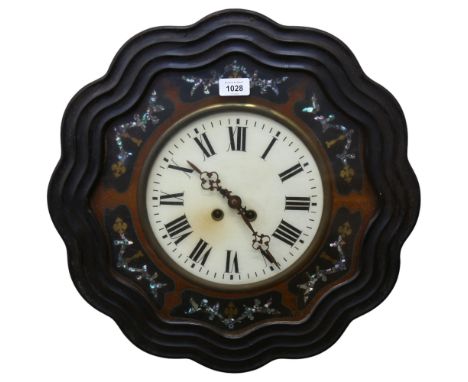 A French stained wood 8-day wall clock, with abalone shell decoration, diameter 49cm, no key 