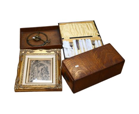 A Vintage unused cased set of fish cutlery, gilt-framed Nativity print, oak filing drawer etc 