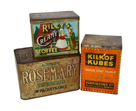 A shop display tin for Faulkner's Sweet Rosemary Tobacco, 22cm across, a Kilkof Kubes tin, and a Toffee tin 