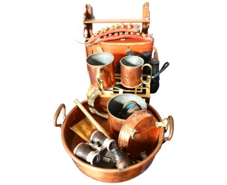 Opera glasses, copper jam pan, Zenith binoculars, trivet, small cabinet etc 
