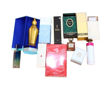 A quantity of used and unused fragrances including cased Egyptian Oud, Givenchy, Moschino, Kenzo, Ungaro, Jessica McClintock,