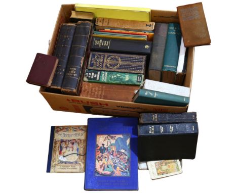 A shelf of various hardback books, including Mrs Beeton's Family Cookery New Edition, various Holy Bibles, Dictonary of Engli