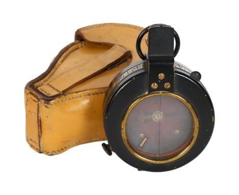 J H Steward Ltd Strand London, early 20th century black metal and brass-mounted compass, in original leather case, L11cm 