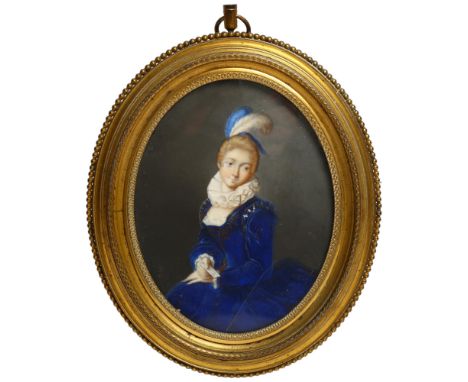 A 19th century oval miniature, watercolour on ivory, portrait of a lady in a blue dress with ruff, unsigned, frame size 16cm 