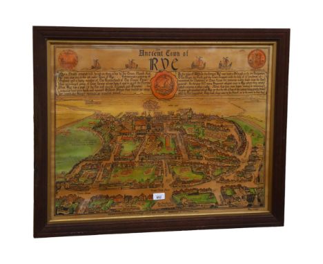 A large framed coloured print of the Ancient town of Rye, published by P.F. White at the Merrythought, Lion Street, Rye, Suss