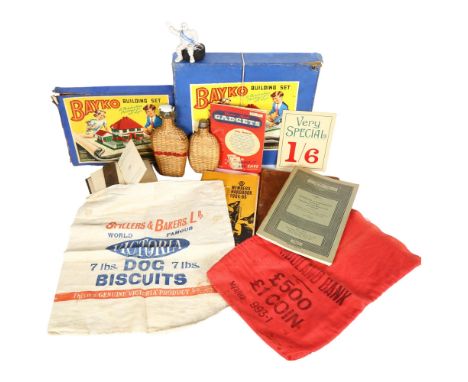 Michelin desk piece, Bayko building sets, memorabilia, flasks etc 