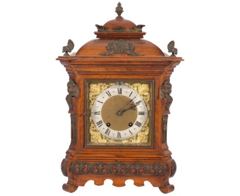 A 19th century walnut-cased 8-day mantel clock, with square dial and silver chapter ring, with ormolu mounts, H47cmGood overa