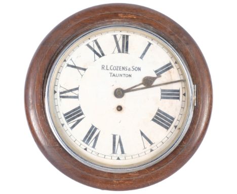 R L COZENS & SON TAUNTON - an oak-cased dial wall clock, with single fusee movement, dial width 40cmNo key or pendulum 