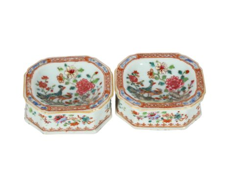 A pair of Antique Chinese salts, famille rose enamel decoration, flowers and birds, and gilded decoration, W8cmBoth in good o