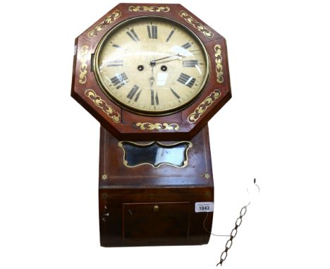 A 19th century mahogany and brass inlaid octagonal drop-dial wall clock, painted wooden dial, 8-day striking movement, case l