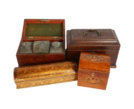 Antique inlaid tea caddy with seashell decoration, 12cm across, a tea caddy with fitted interior, a Kashmiri box etc 