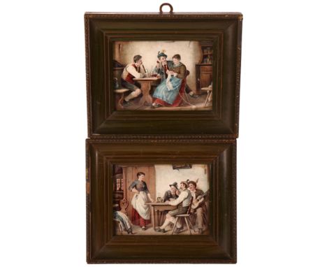 2 similar miniature enamel transfers, depicting 2 similar tavern scenes, both framed, 13.5cm x 16.5cm (2) 