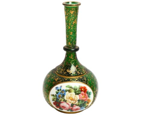 A Bohemian green glass and gilded bottle vase, with floral painted panels, H20.5cmGood overall condition, no repairs or break