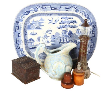 A group of interesting items, to include a large blue and white meat platter with Oriental decoration, 40cm x 49cm, a treen w