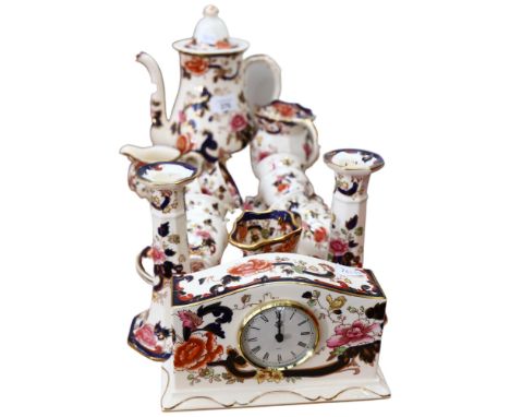 Masons Mandalay coffee ware, matching jugs, candlesticks and clock 