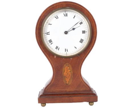 Am Edwardian mahogany and shell marquetry decorated balloon cased mantel clock, white enamel dial with key, H20cm 
