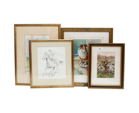 A group of framed prints, to include a print of schoolboy rugby players, 37cm x 28cm, a pencil watercolour study of a cricket