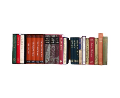 A shelf of Folio Society books, titles to include The King's War, The Hellenistic Age, Holy Grail etc, and Peter Pan In Kensi