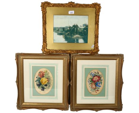 A giltwood-framed print of monk's fishing, 36cm x 39cm, and 2 framed floral prints in ornate frames (3) 