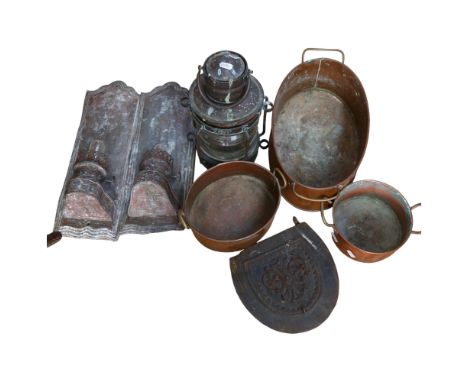 A ship's anchor navigation lamp light, unmarked, H34cm, a pair of tin wall bracket light fittings, previously oil lamp fittin