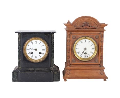 A Victorian black slate and green marble mantel clock, enamel dial and 8-day movement, and an oak-cased 8-day mantel clock (A