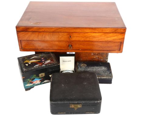 A mahogany box with drawer under, 44cm across, Oriental jewel chest, compass etc 