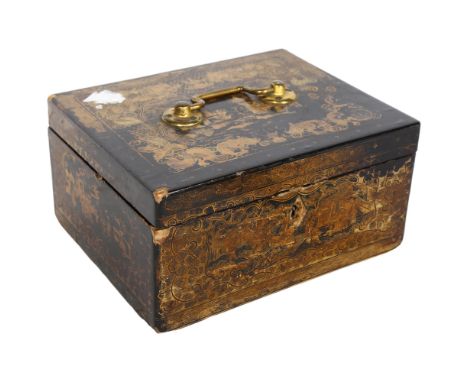 An Oriental lacquered and gilded tea caddy, with brass carrying handle, and fitted metal-lined interior, with engraving of fi