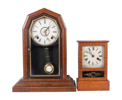 A walnut-cased 8-day mantel clock, H44cm, pendulum and no key, and an early 20th century painted cased 8-day mantel clock, H2